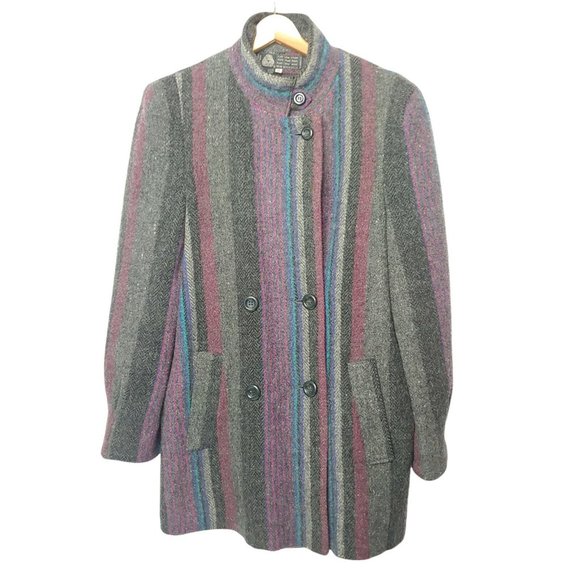 Vintage 1980s Womens 11 Winter Coat Wool Gray Purple Stripe Button Uruguay Mid - Picture 1 of 12